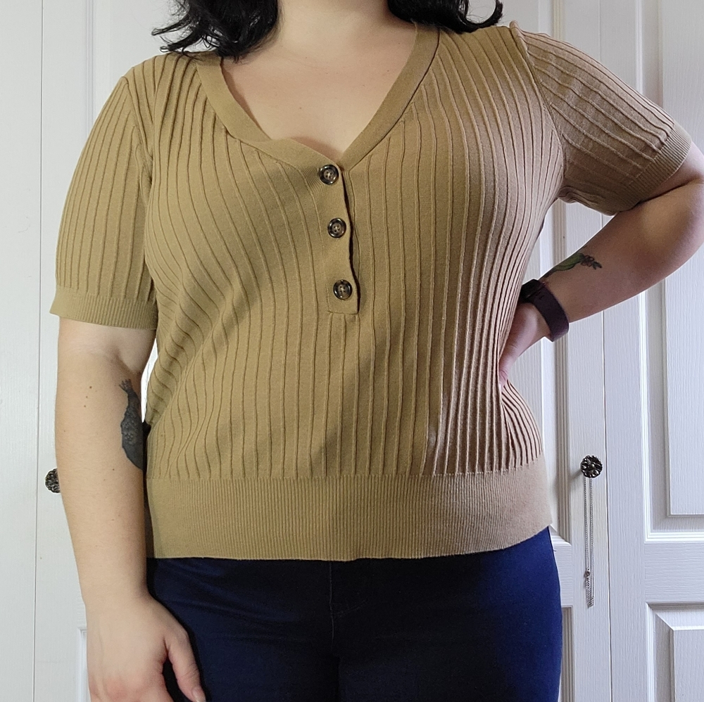 Brown Ribbed Tee with Buttons
